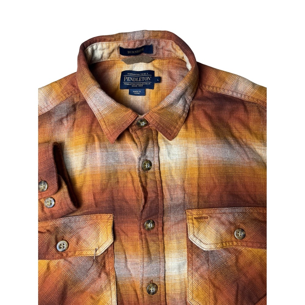 Pendleton Burnside Flannel Shirt Mens L Orange Brown Ombre Plaid Long Sleeve